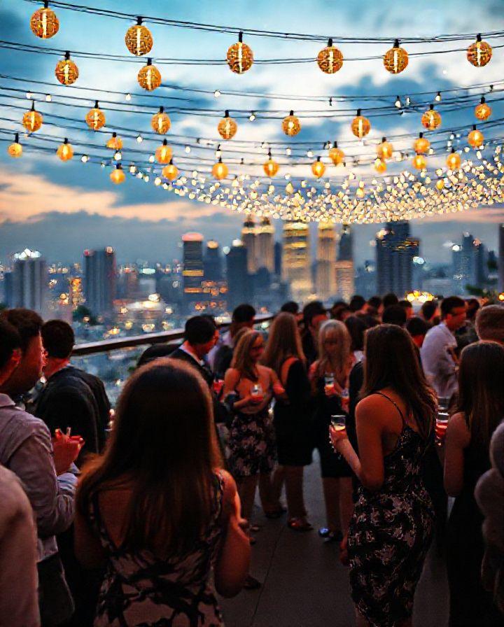 Rooftop networking mixer at dusk